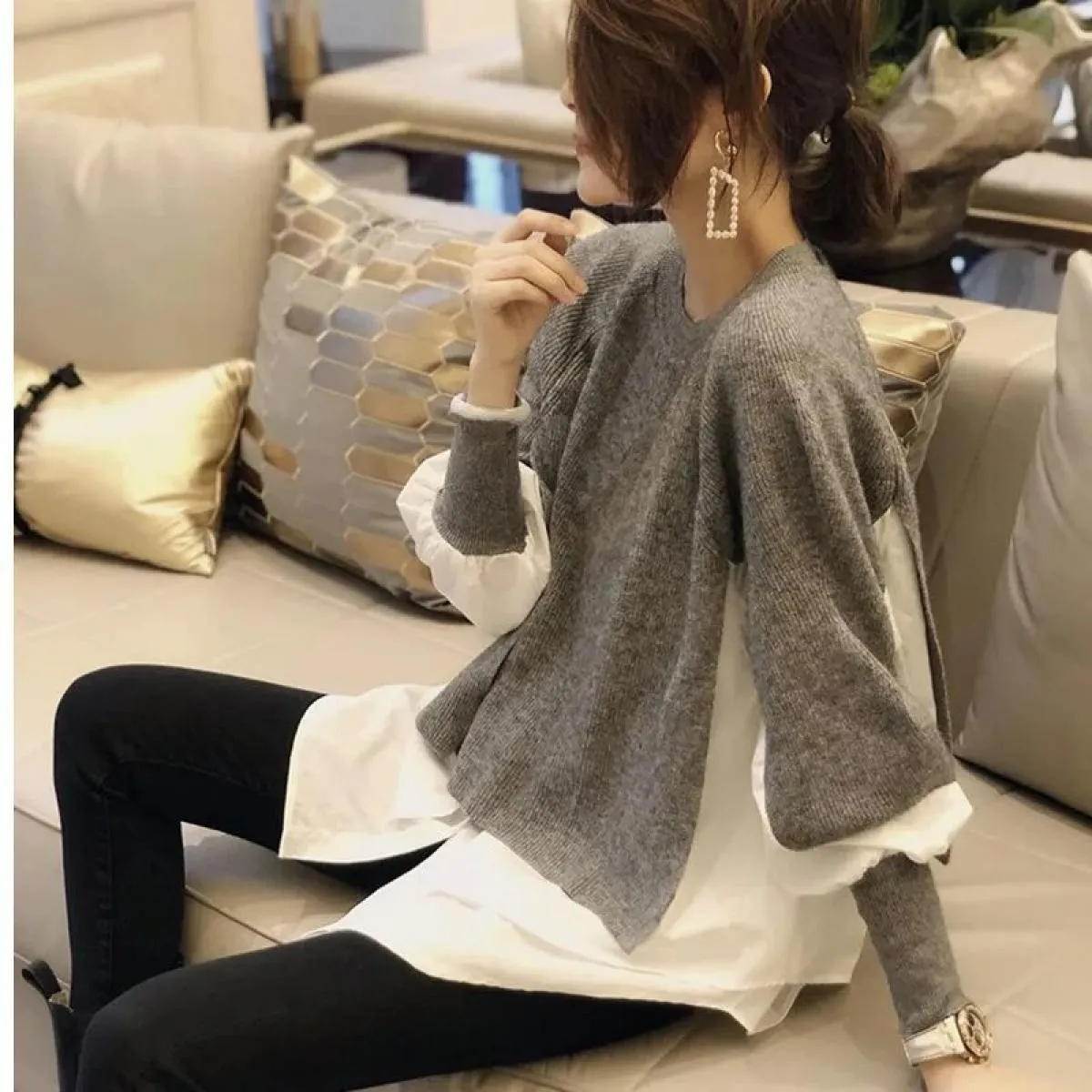 2023 primavera autunno nuove donne maglione moda maglione falso due pezzi di cuciture pullover top da donna
