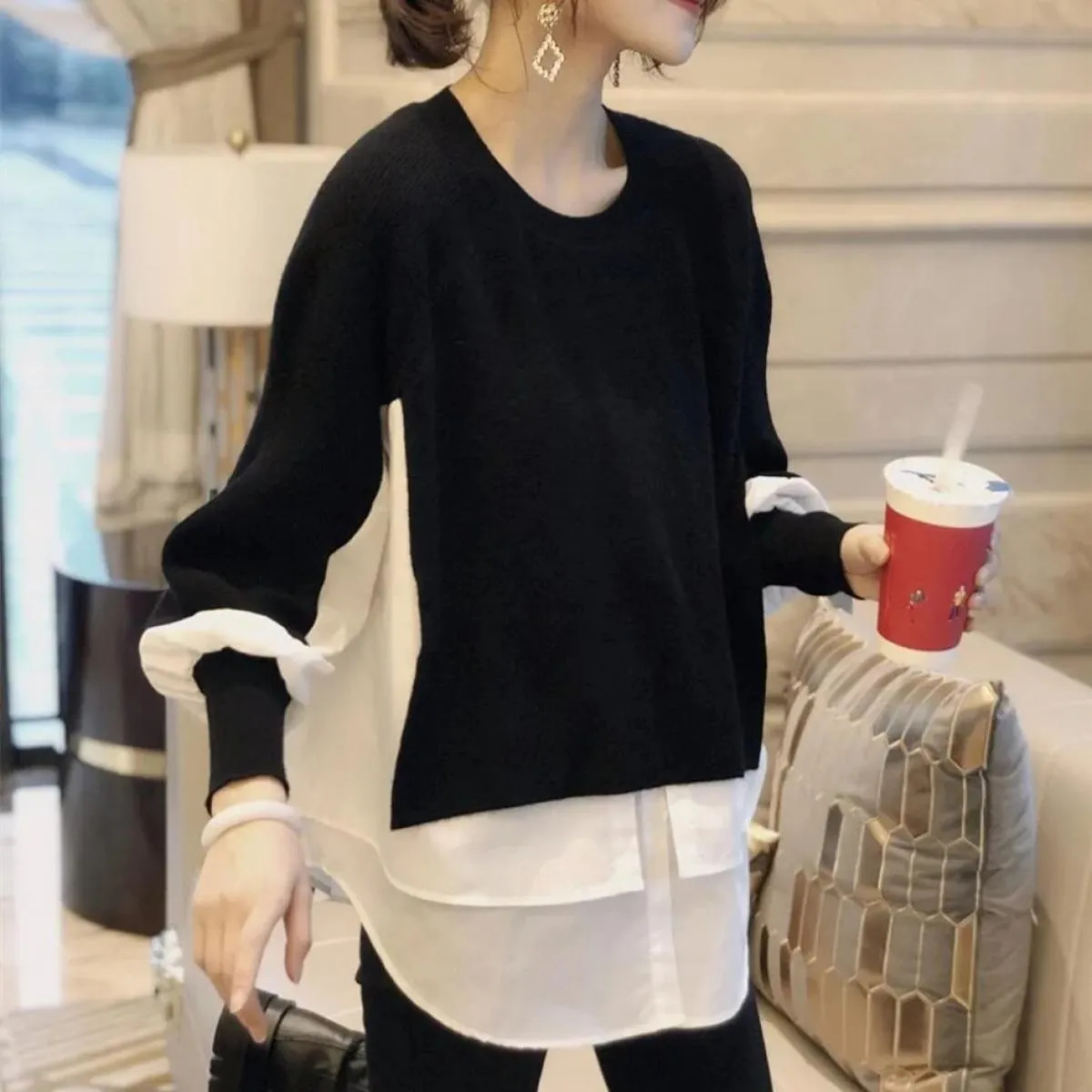 2023 primavera autunno nuove donne maglione moda maglione falso due pezzi di cuciture pullover top da donna