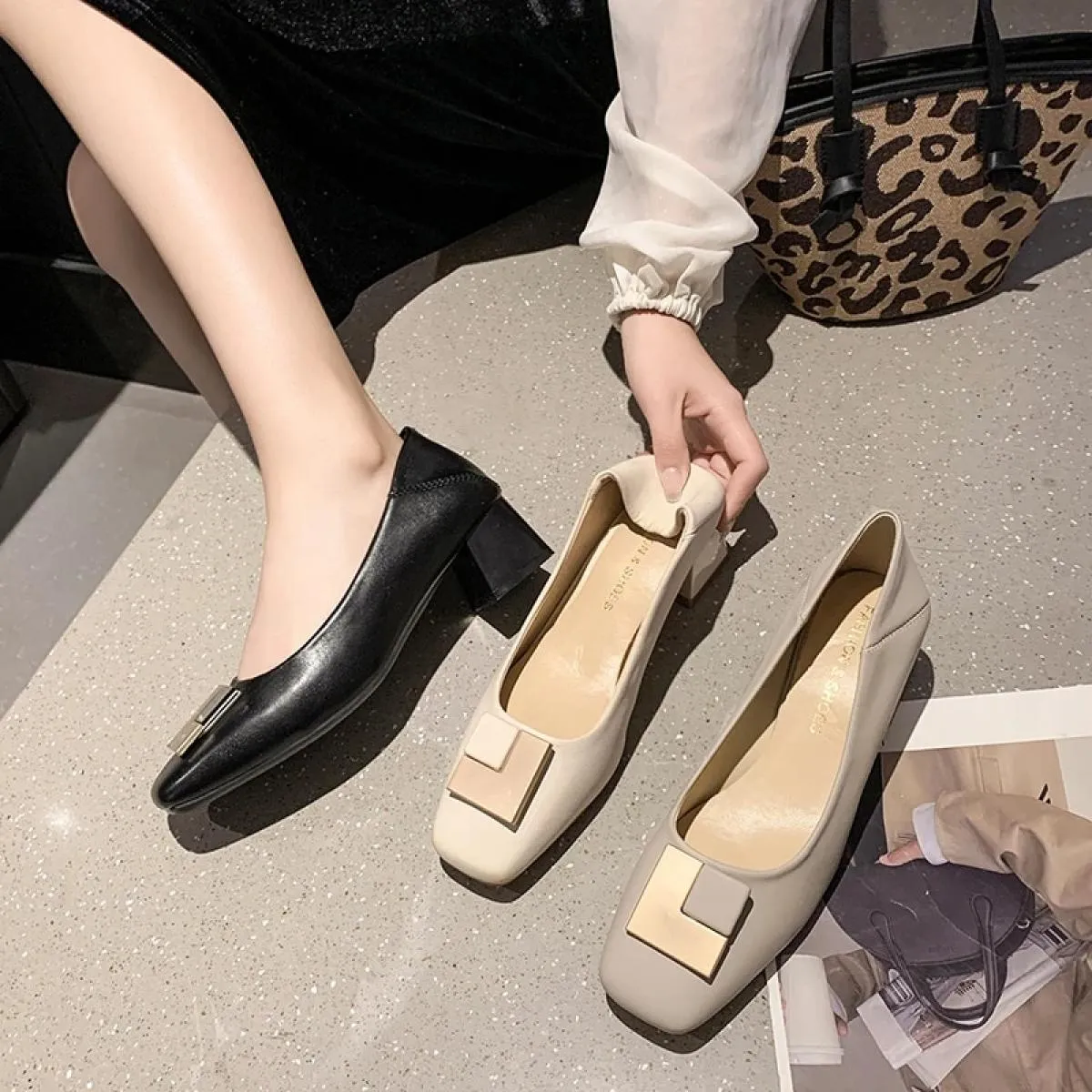 3 cm Scarpe Tacco Medio Alto Donna Décolleté in vera pelle Punta quadrata Mocassini con fibbia in metallo da donna Scarpe elegan