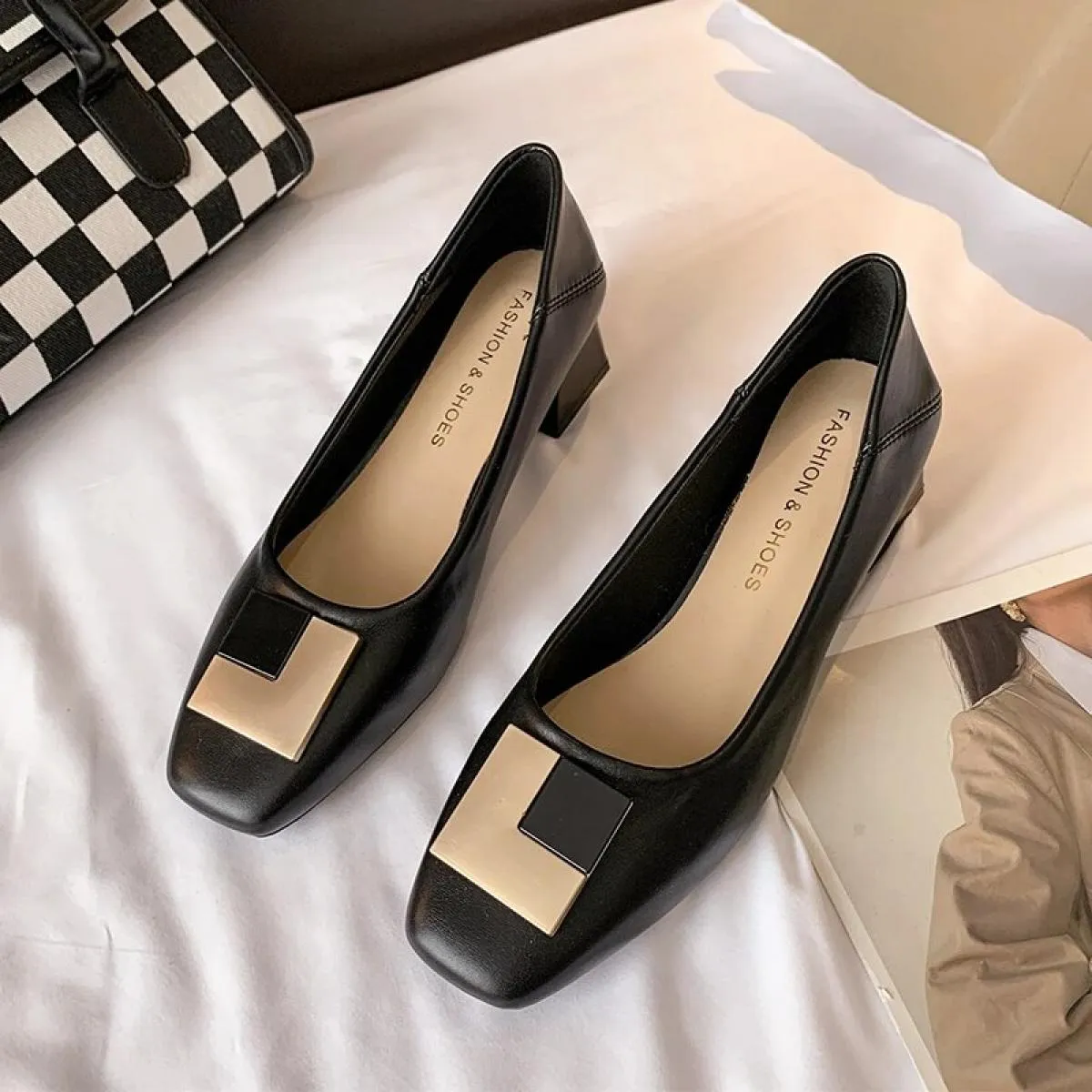 3 cm Scarpe Tacco Medio Alto Donna Décolleté in vera pelle Punta quadrata Mocassini con fibbia in metallo da donna Scarpe elegan