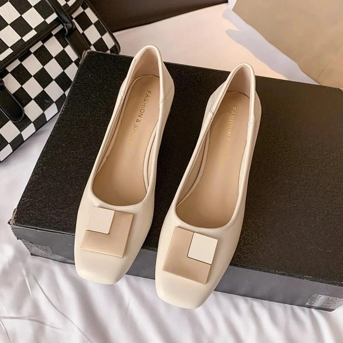 3 cm Scarpe Tacco Medio Alto Donna Décolleté in vera pelle Punta quadrata Mocassini con fibbia in metallo da donna Scarpe elegan