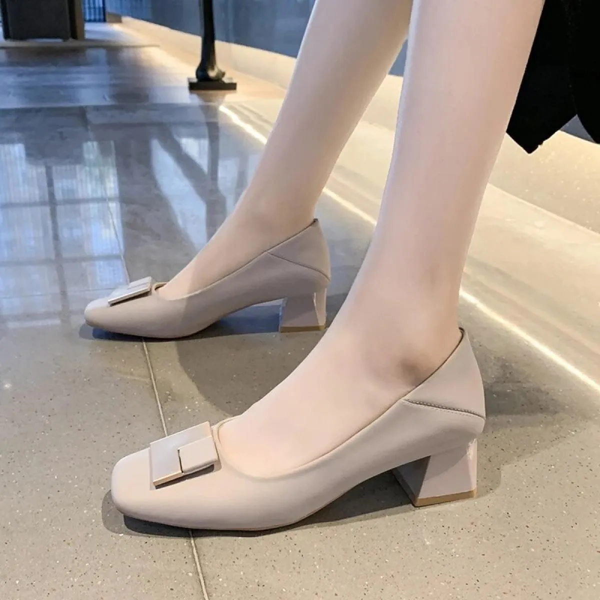 3 cm Scarpe Tacco Medio Alto Donna Décolleté in vera pelle Punta quadrata Mocassini con fibbia in metallo da donna Scarpe elegan