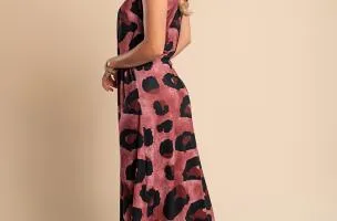 Abito lungo con stampa leopardata, bordeaux