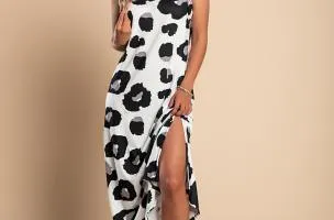Abito lungo leopardato, bianco