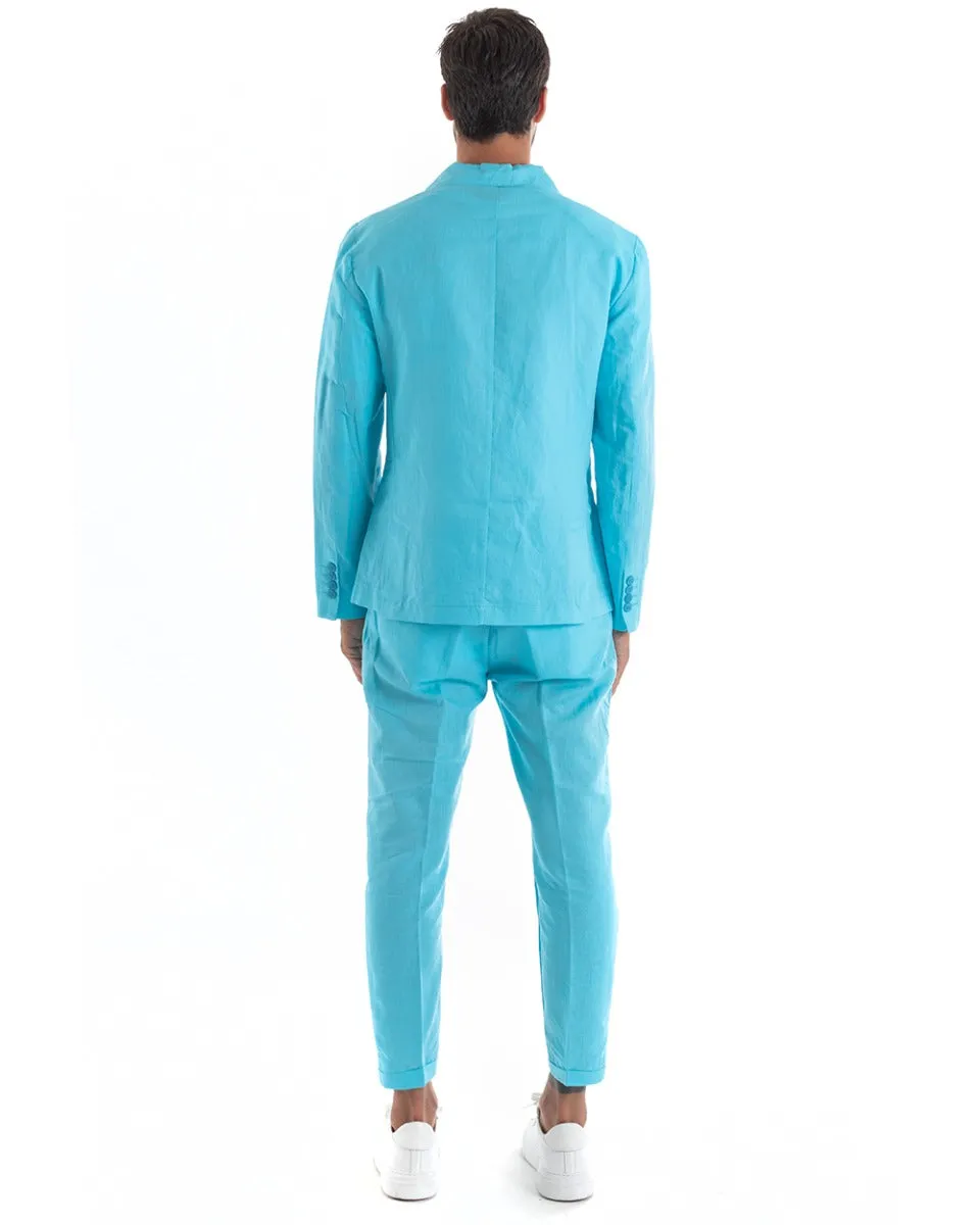 Abito Uomo Doppiopetto Vestito Lino Completo Giacca Pantaloni Tinta Unita Turchese Elegante Sartoriale Cerimonia GIOSAL-OU2134A