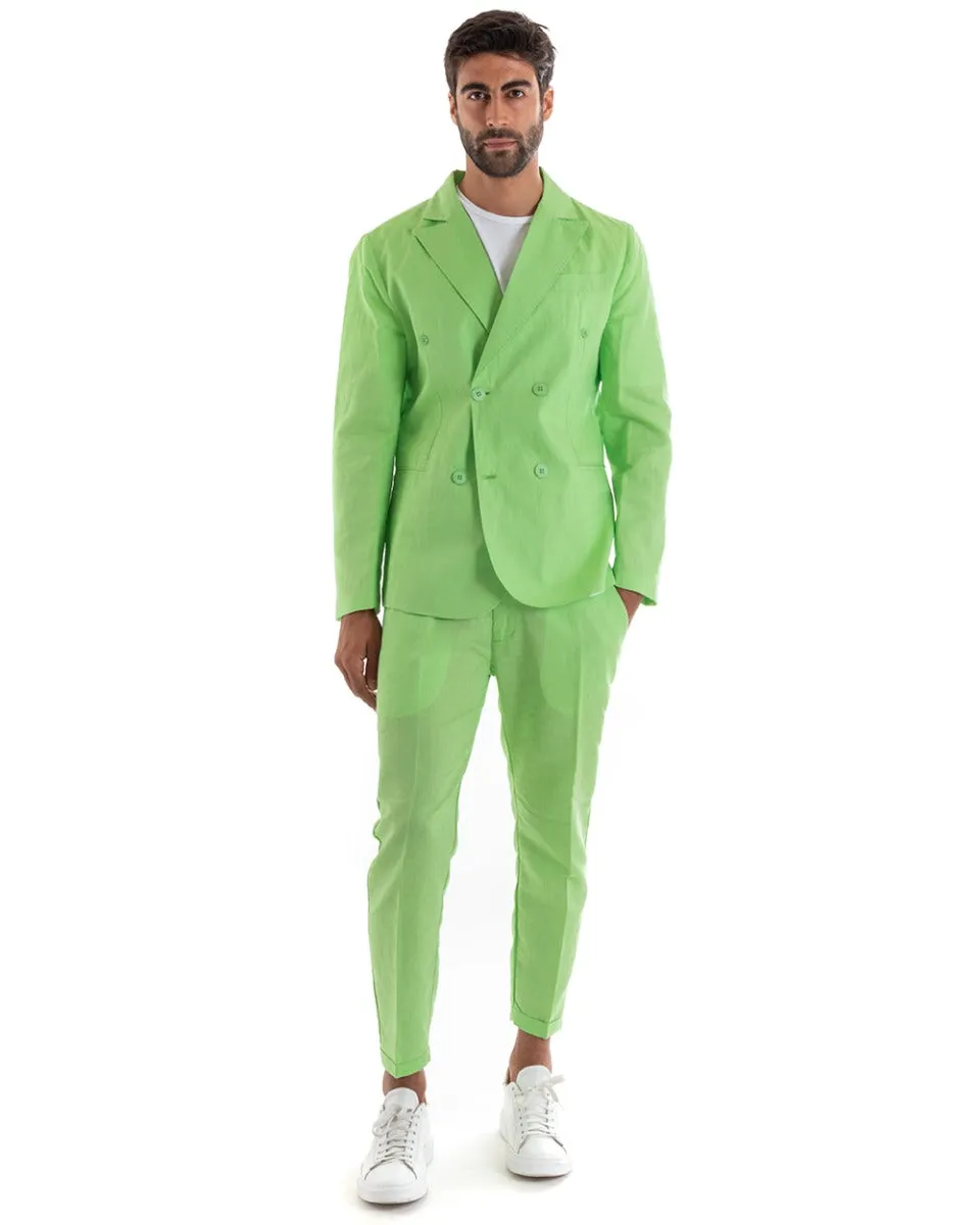 Abito Uomo Doppiopetto Vestito Lino Completo Giacca Pantaloni Tinta Unita Verde Acido Elegante Sartoriale Cerimonia GIOSAL-OU213