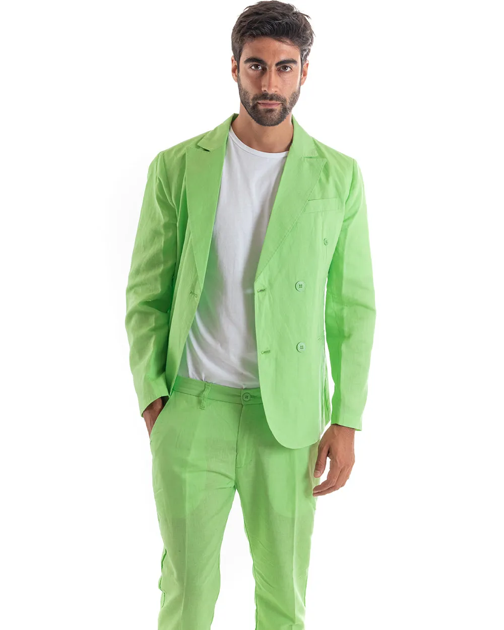Abito Uomo Doppiopetto Vestito Lino Completo Giacca Pantaloni Tinta Unita Verde Acido Elegante Sartoriale Cerimonia GIOSAL-OU213