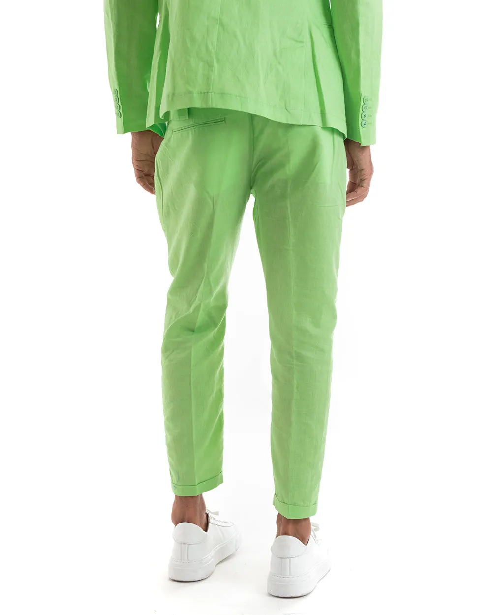 Abito Uomo Doppiopetto Vestito Lino Completo Giacca Pantaloni Tinta Unita Verde Acido Elegante Sartoriale Cerimonia GIOSAL-OU213