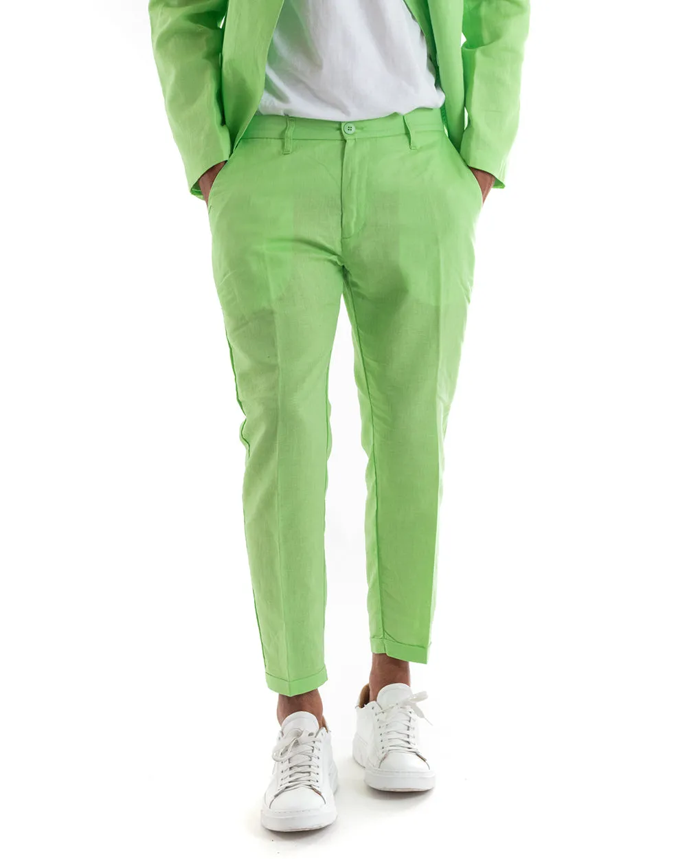 Abito Uomo Doppiopetto Vestito Lino Completo Giacca Pantaloni Tinta Unita Verde Acido Elegante Sartoriale Cerimonia GIOSAL-OU213