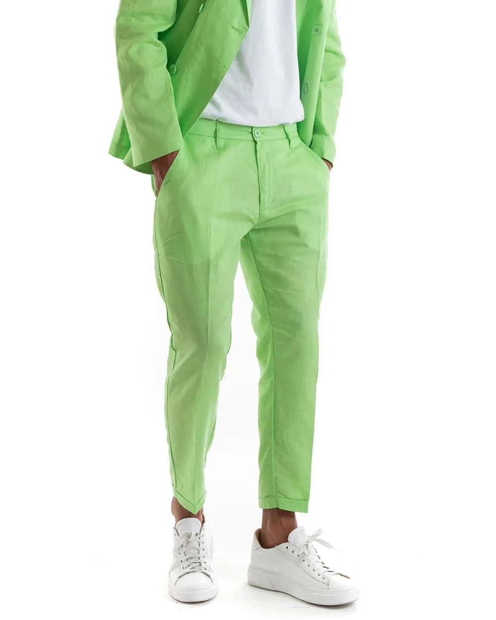 Abito Uomo Doppiopetto Vestito Lino Completo Giacca Pantaloni Tinta Unita Verde Acido Elegante Sartoriale Cerimonia GIOSAL-OU213