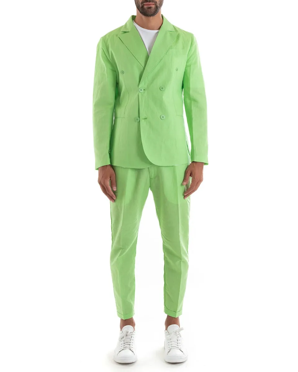 Abito Uomo Doppiopetto Vestito Lino Completo Giacca Pantaloni Tinta Unita Verde Acido Elegante Sartoriale Cerimonia GIOSAL-OU213