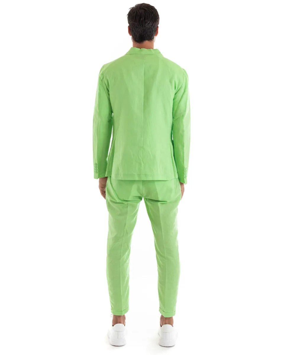Abito Uomo Doppiopetto Vestito Lino Completo Giacca Pantaloni Tinta Unita Verde Acido Elegante Sartoriale Cerimonia GIOSAL-OU213