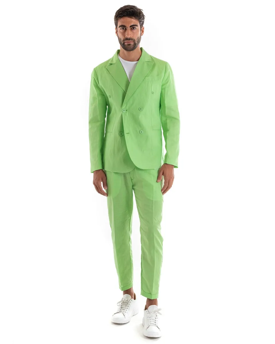 Abito Uomo Doppiopetto Vestito Lino Completo Giacca Pantaloni Tinta Unita Verde Acido Elegante Sartoriale Cerimonia GIOSAL-OU213