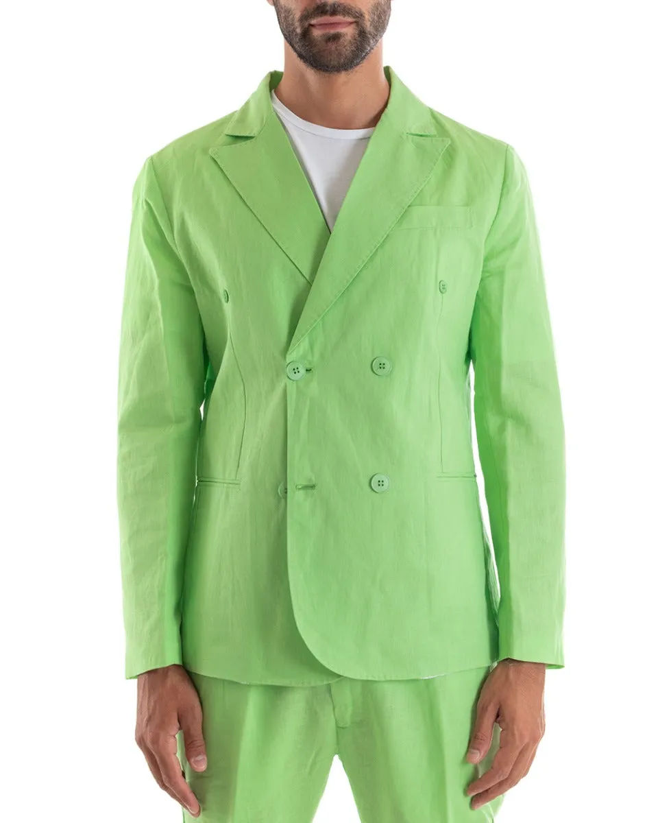 Abito Uomo Doppiopetto Vestito Lino Completo Giacca Pantaloni Tinta Unita Verde Acido Elegante Sartoriale Cerimonia GIOSAL-OU213