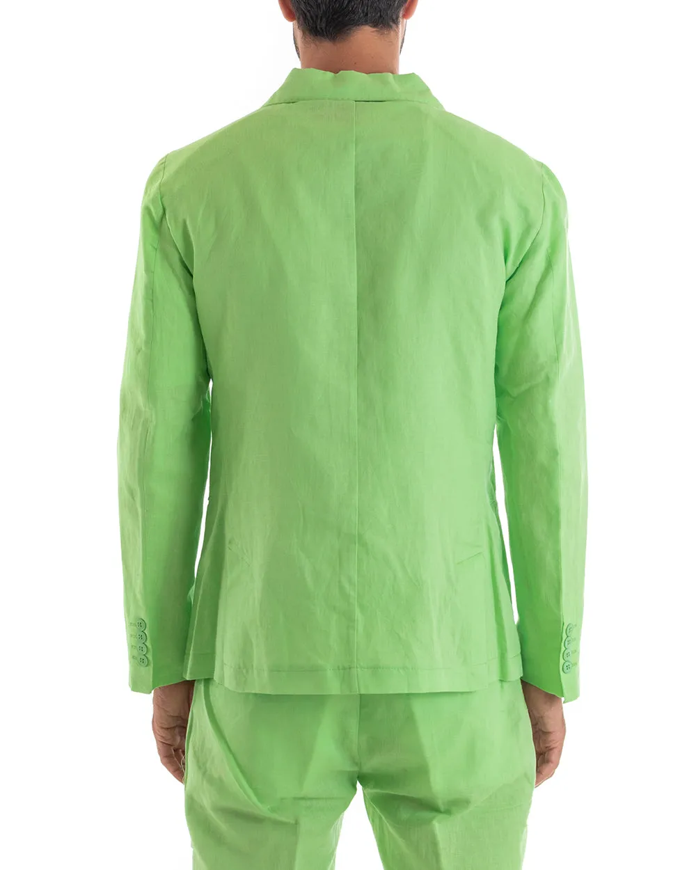 Abito Uomo Doppiopetto Vestito Lino Completo Giacca Pantaloni Tinta Unita Verde Acido Elegante Sartoriale Cerimonia GIOSAL-OU213