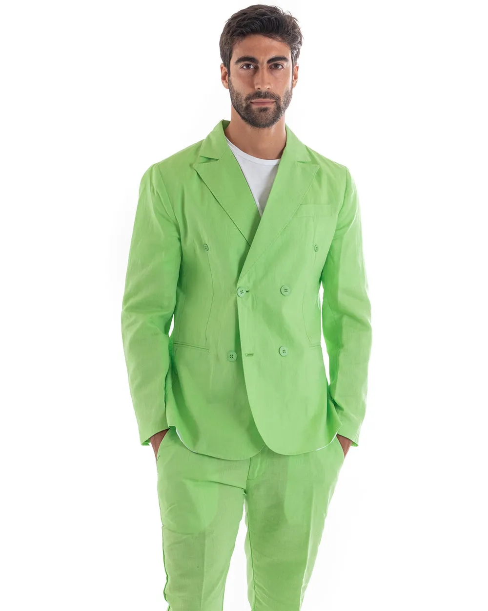 Abito Uomo Doppiopetto Vestito Lino Completo Giacca Pantaloni Tinta Unita Verde Acido Elegante Sartoriale Cerimonia GIOSAL-OU213