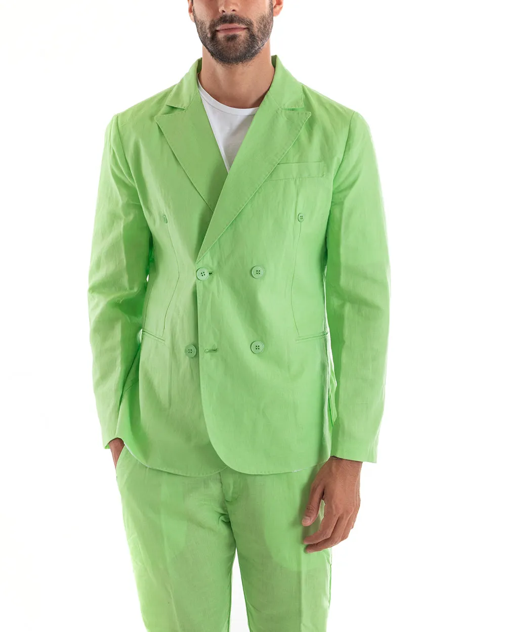 Abito Uomo Doppiopetto Vestito Lino Completo Giacca Pantaloni Tinta Unita Verde Acido Elegante Sartoriale Cerimonia GIOSAL-OU213