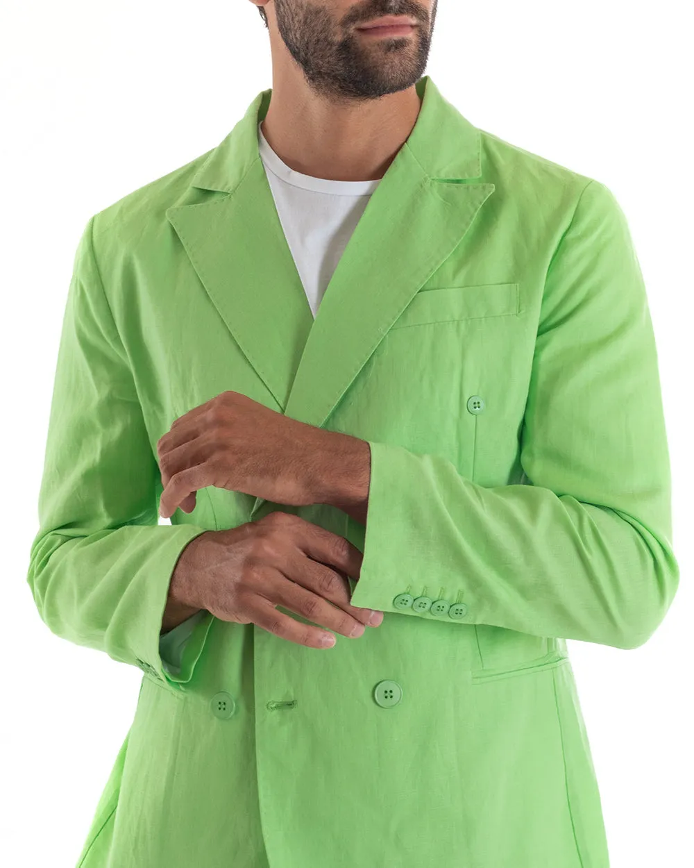 Abito Uomo Doppiopetto Vestito Lino Completo Giacca Pantaloni Tinta Unita Verde Acido Elegante Sartoriale Cerimonia GIOSAL-OU213