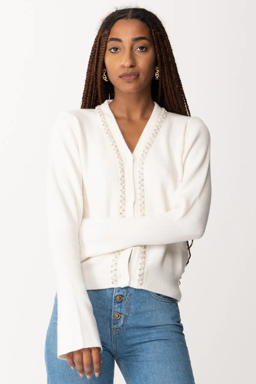 Cardigan corto con strass e perline Offwhite