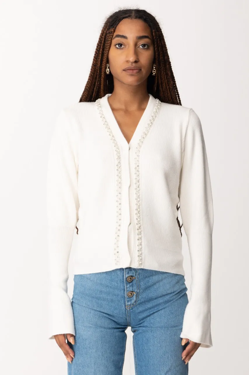 Cardigan corto con strass e perline Offwhite