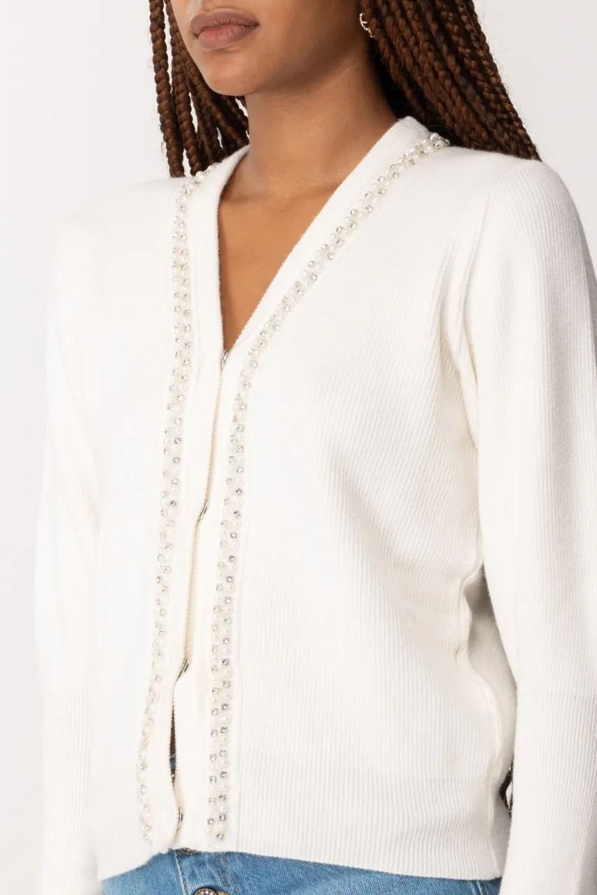 Cardigan corto con strass e perline Offwhite