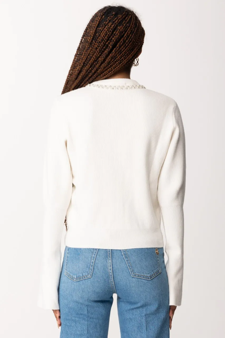 Cardigan corto con strass e perline Offwhite