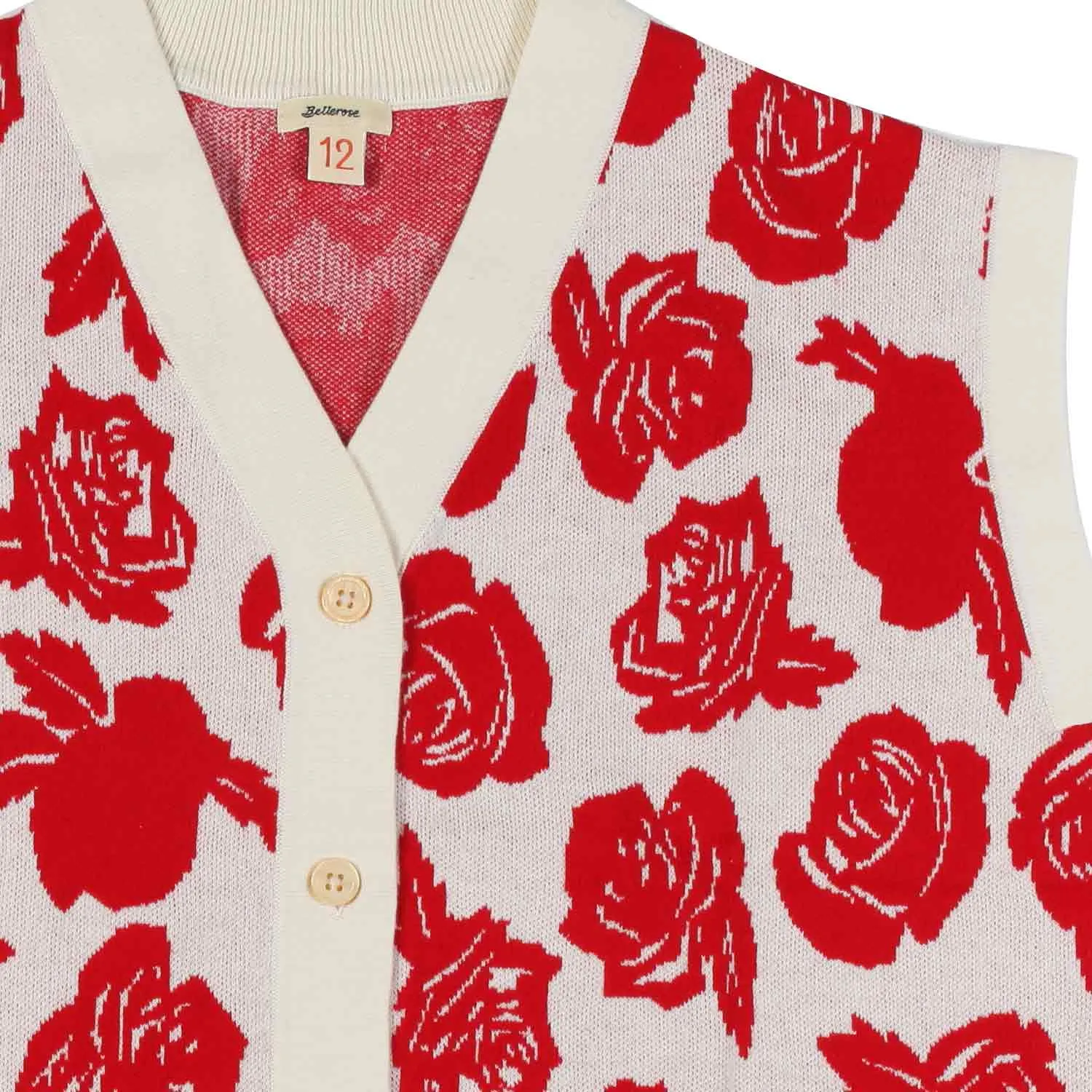 Cardigan Smanicato Gemis Panna Con Rose Rosse