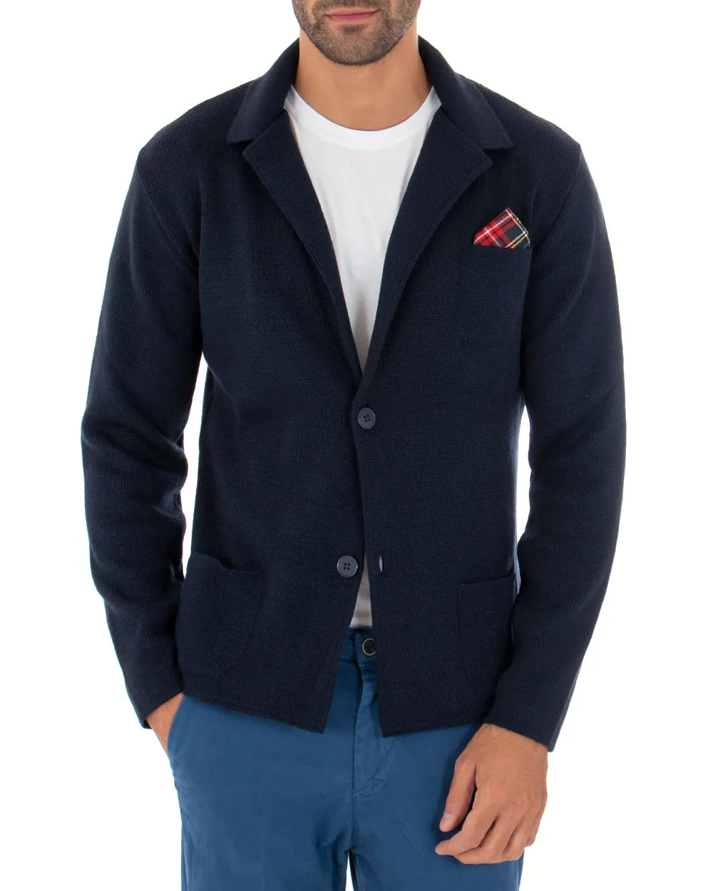 Cardigan Uomo Giacca Con Bottoni Maglia Maglioncino Tinta Unita Blu Casual GIOSAL-M2664A