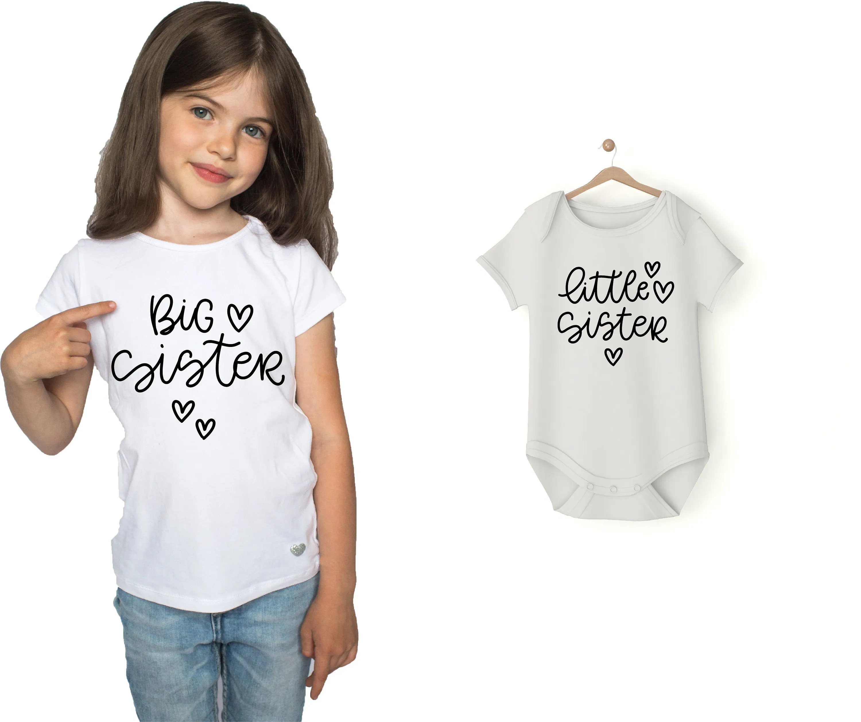 Coppia tshirt e body Big Sister Little Sister cuoricini
