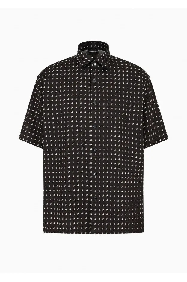 Emporio Armani Camicia Over Fit A Maniche Corte In Misto Lyocell Stampa All Over Asv