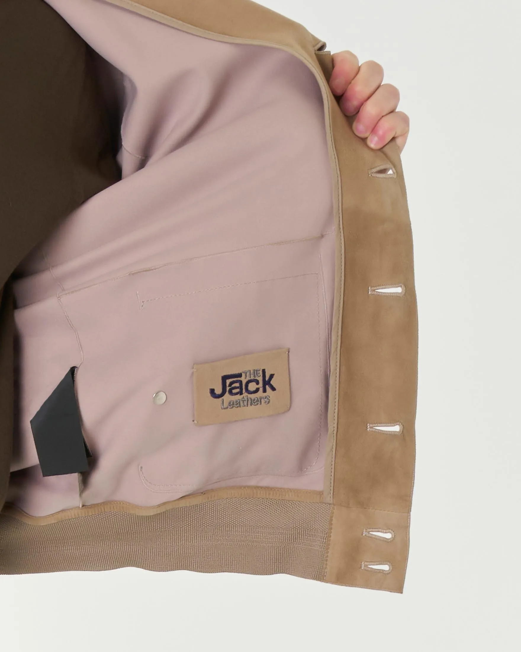 Giacca beige in pelle scamosciata con chiusura a bottoni