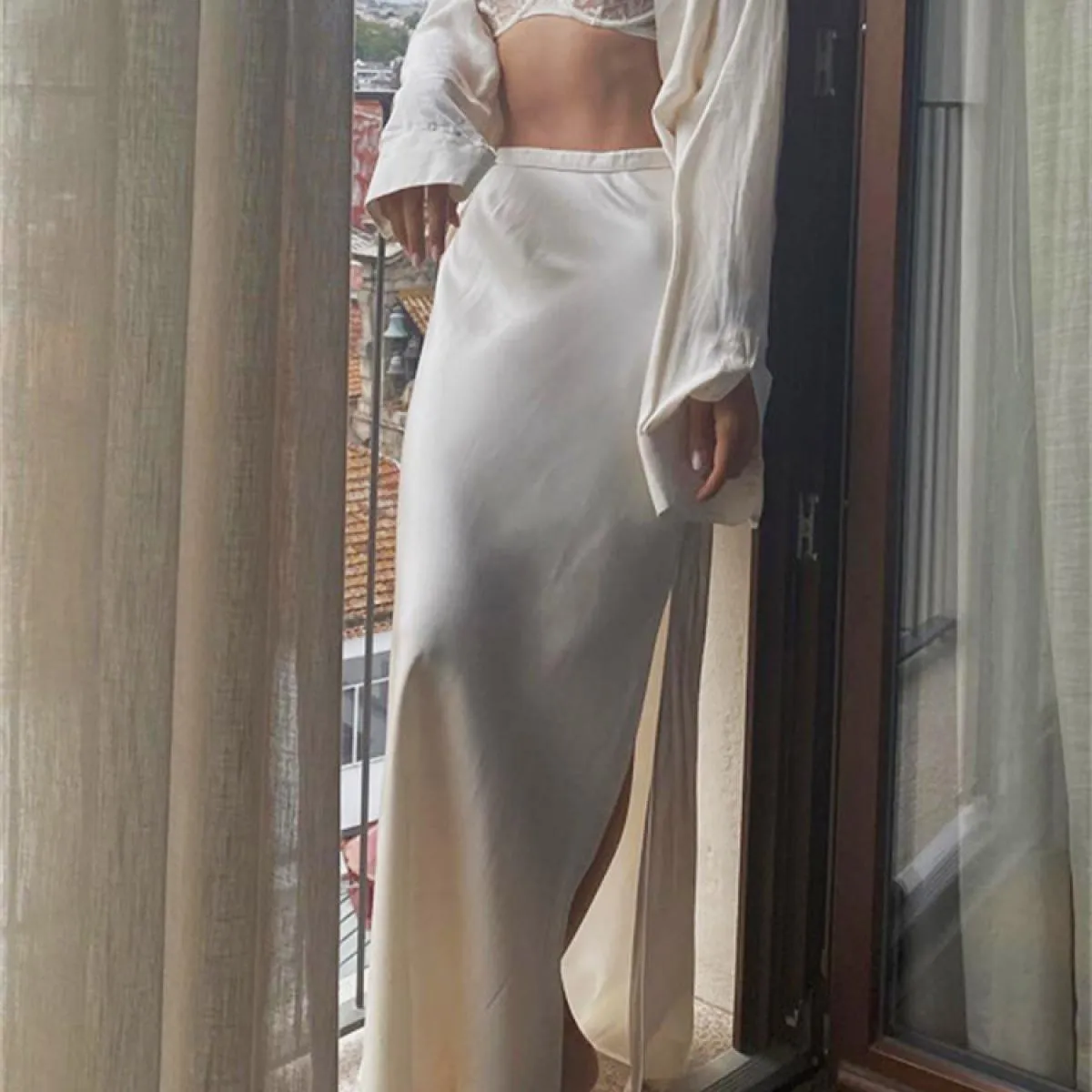 Gonna lunga a vita alta in raso bianco per donna Gonna lunga da festa sottile ed elegante con cerniera laterale Y2k Outfit