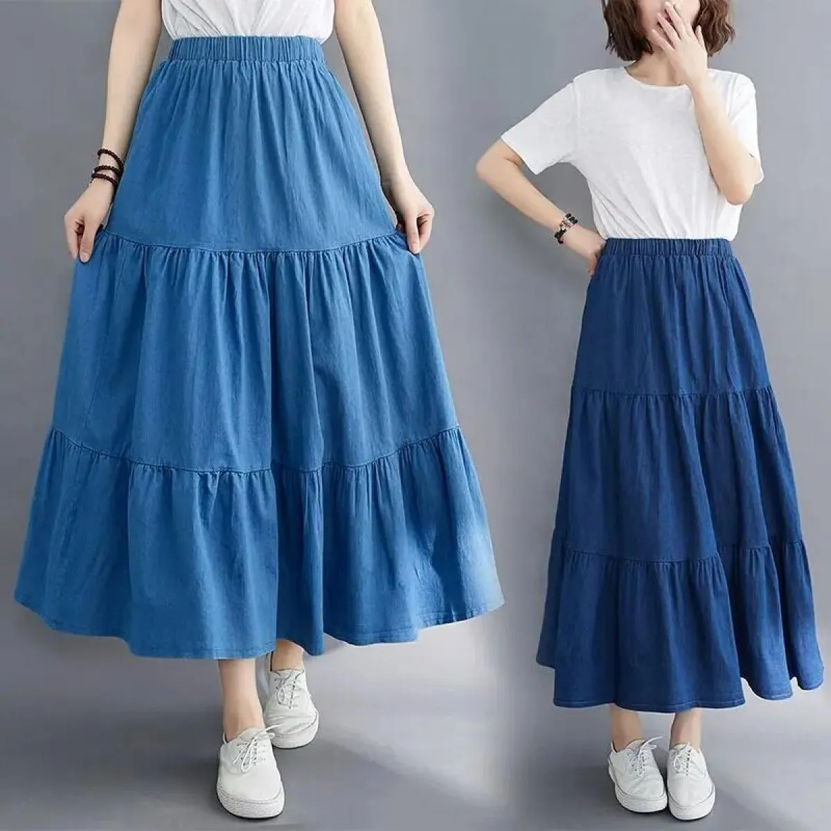 Gonne vintage larghe e chic per le donne Gonna lunga da donna elegante da ufficio a vita alta Gonna di jeans blu moda