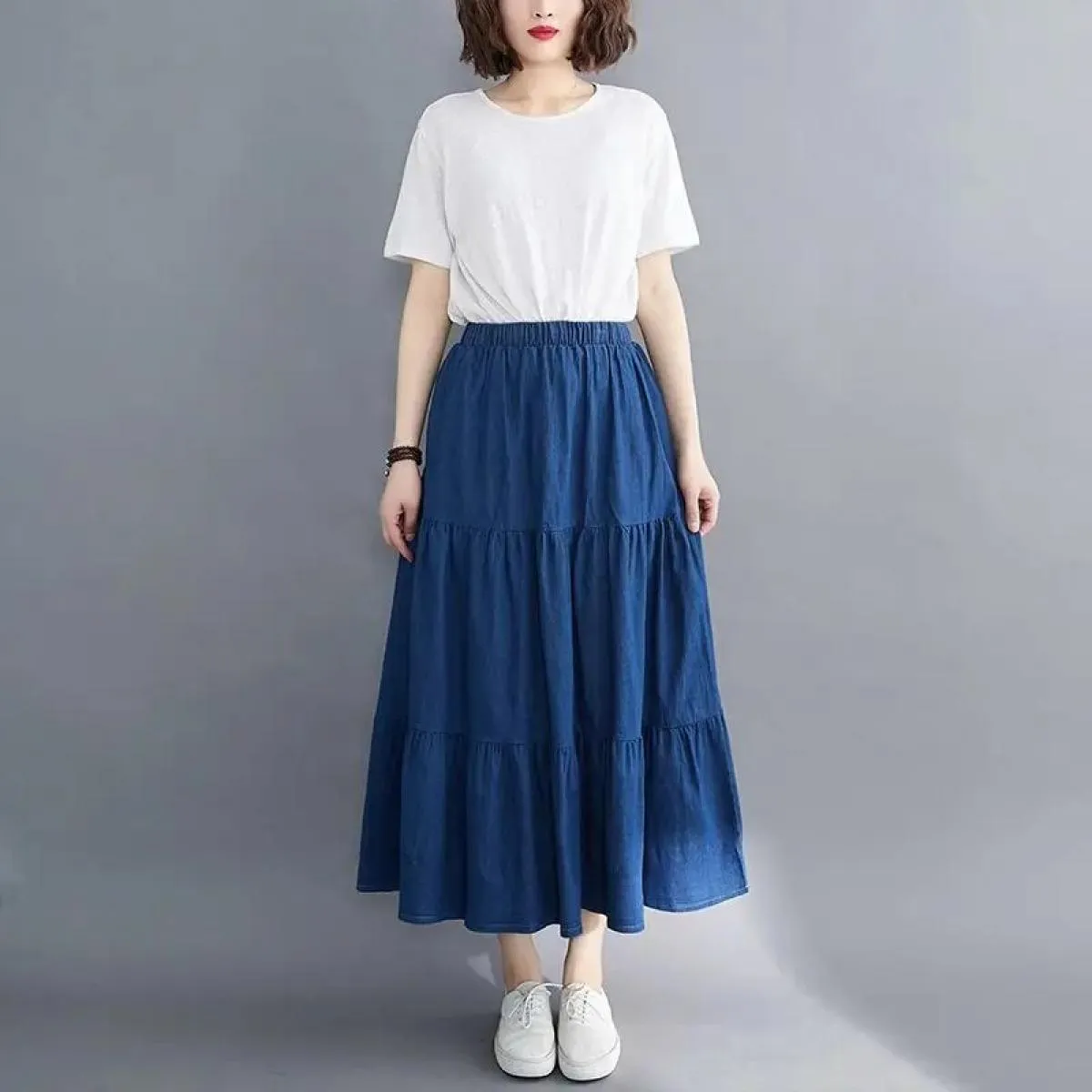 Gonne vintage larghe e chic per le donne Gonna lunga da donna elegante da ufficio a vita alta Gonna di jeans blu moda
