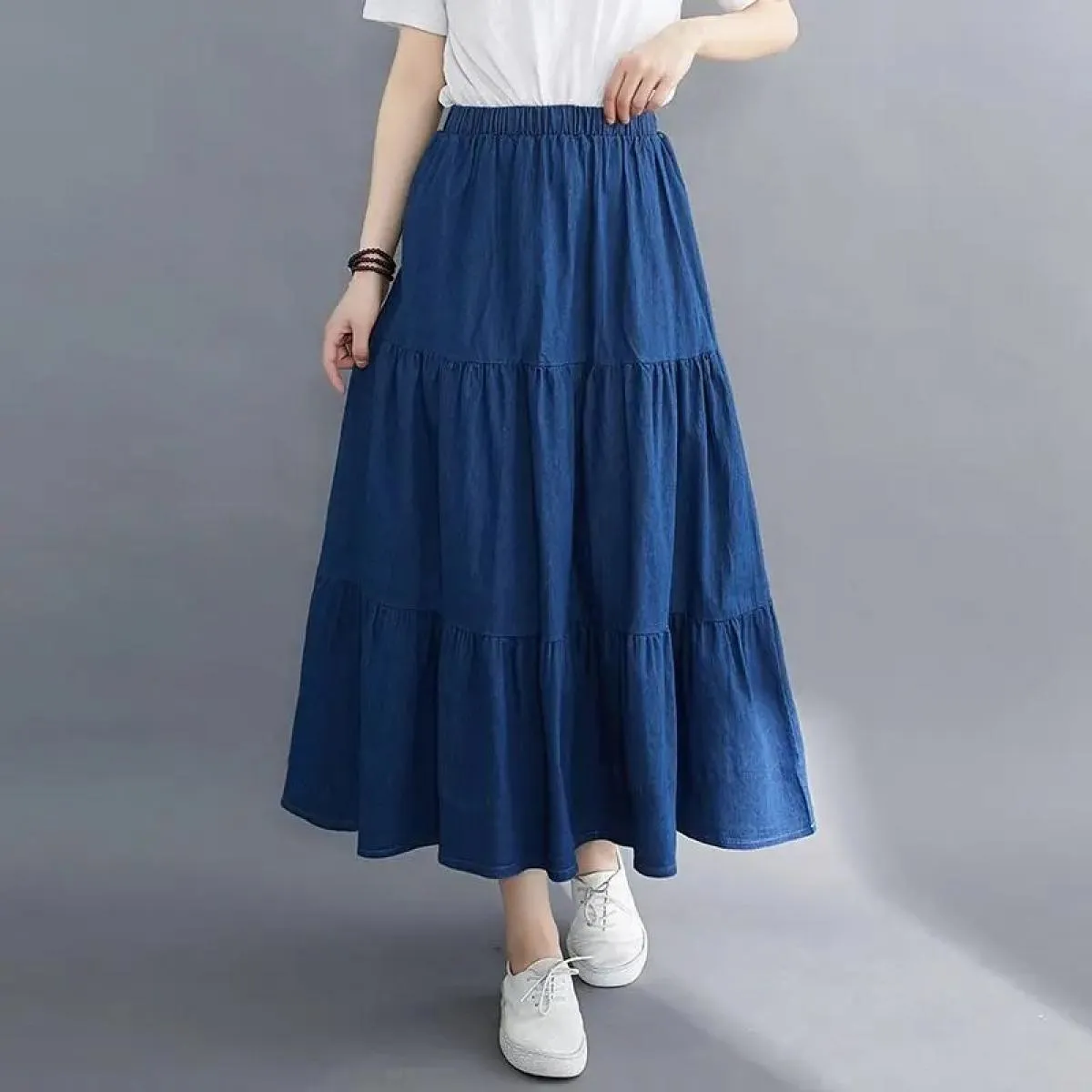 Gonne vintage larghe e chic per le donne Gonna lunga da donna elegante da ufficio a vita alta Gonna di jeans blu moda