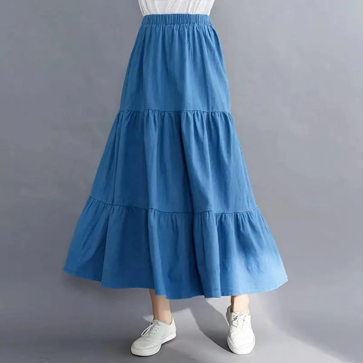 Gonne vintage larghe e chic per le donne Gonna lunga da donna elegante da ufficio a vita alta Gonna di jeans blu moda