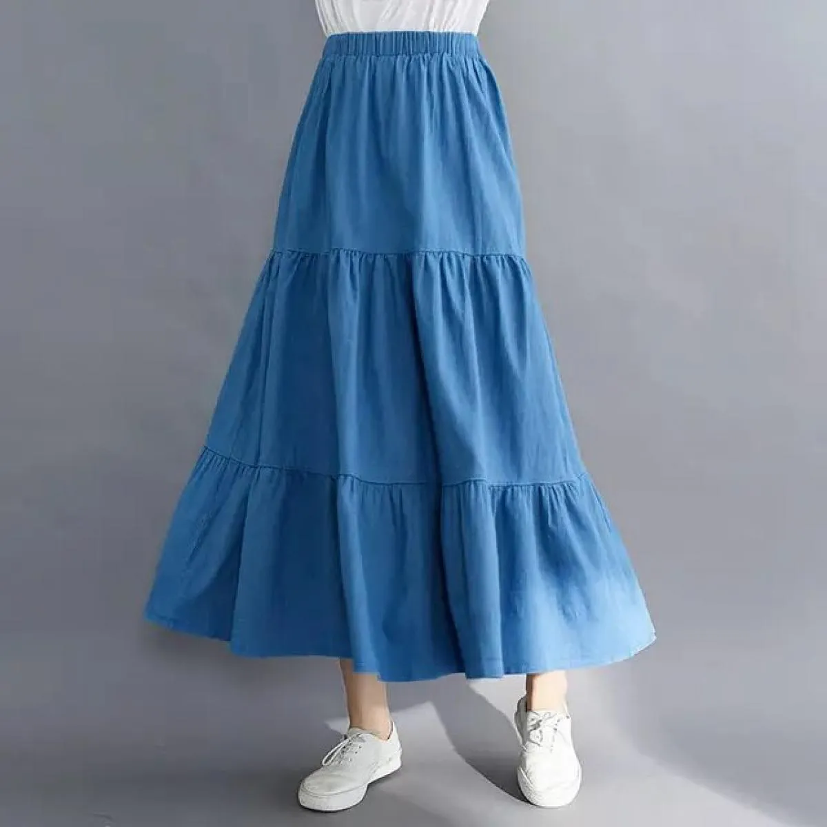 Gonne vintage larghe e chic per le donne Gonna lunga da donna elegante da ufficio a vita alta Gonna di jeans blu moda