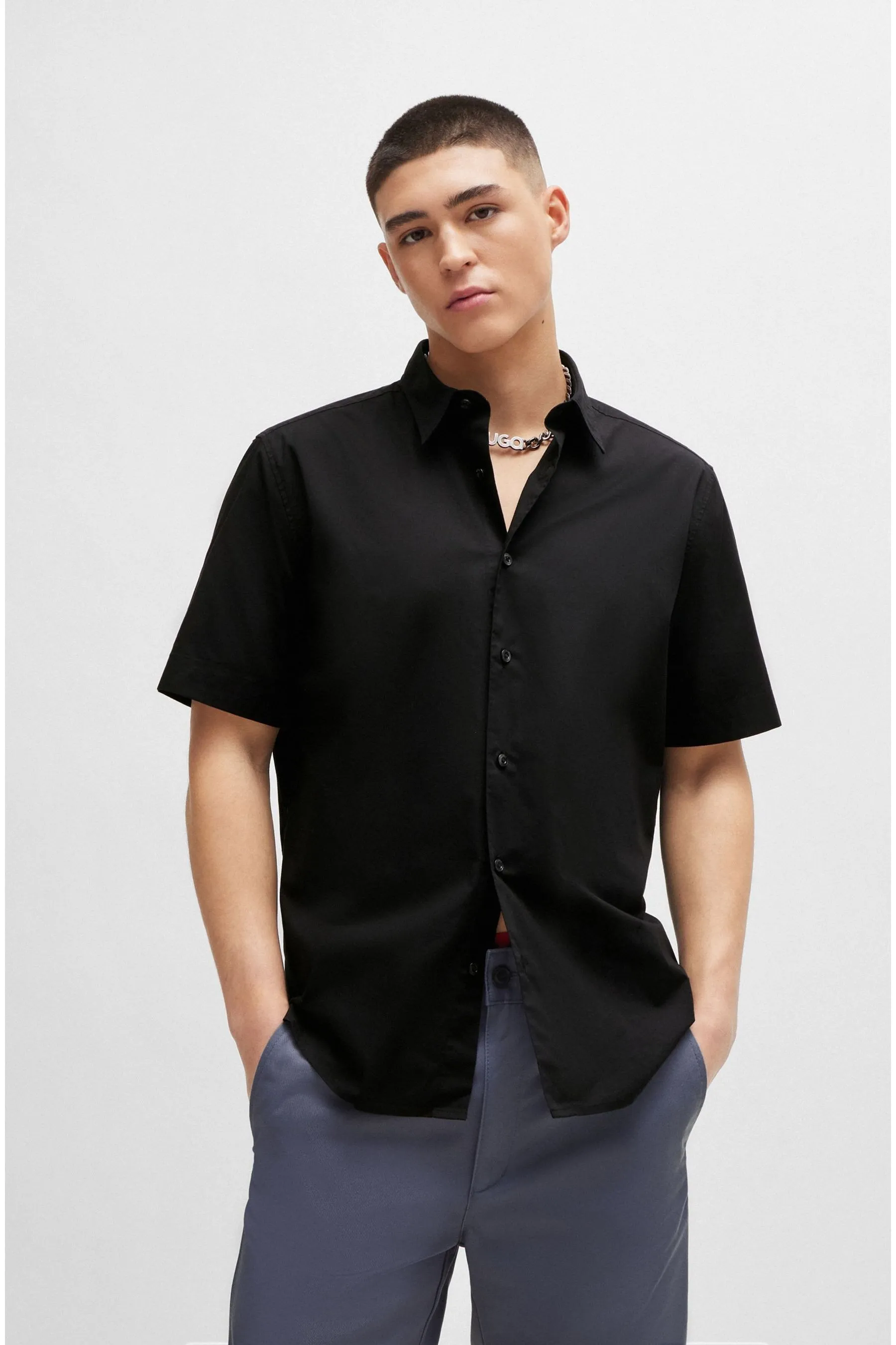 HUGO - Nero vestibilità comoda - Camicia in tela di cotone elasticizzato