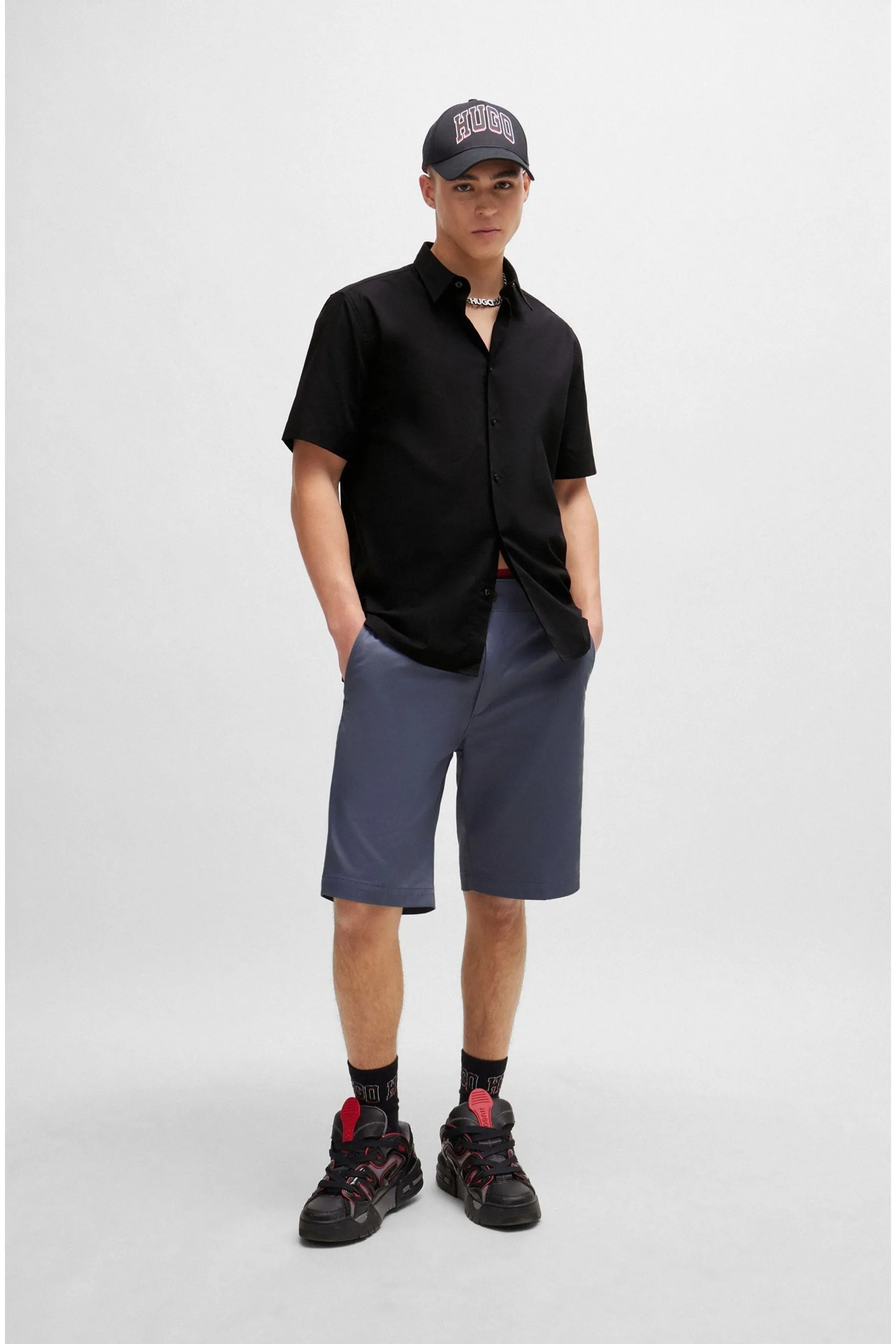 HUGO - Nero vestibilità comoda - Camicia in tela di cotone elasticizzato