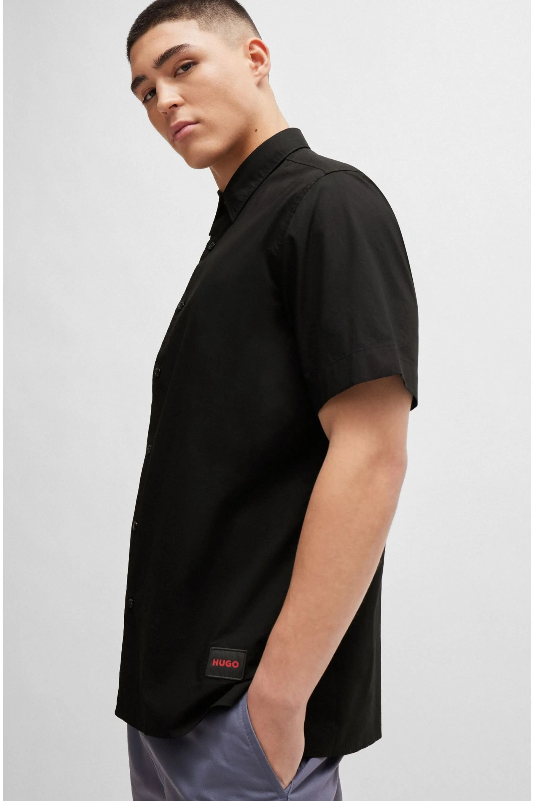 HUGO - Nero vestibilità comoda - Camicia in tela di cotone elasticizzato