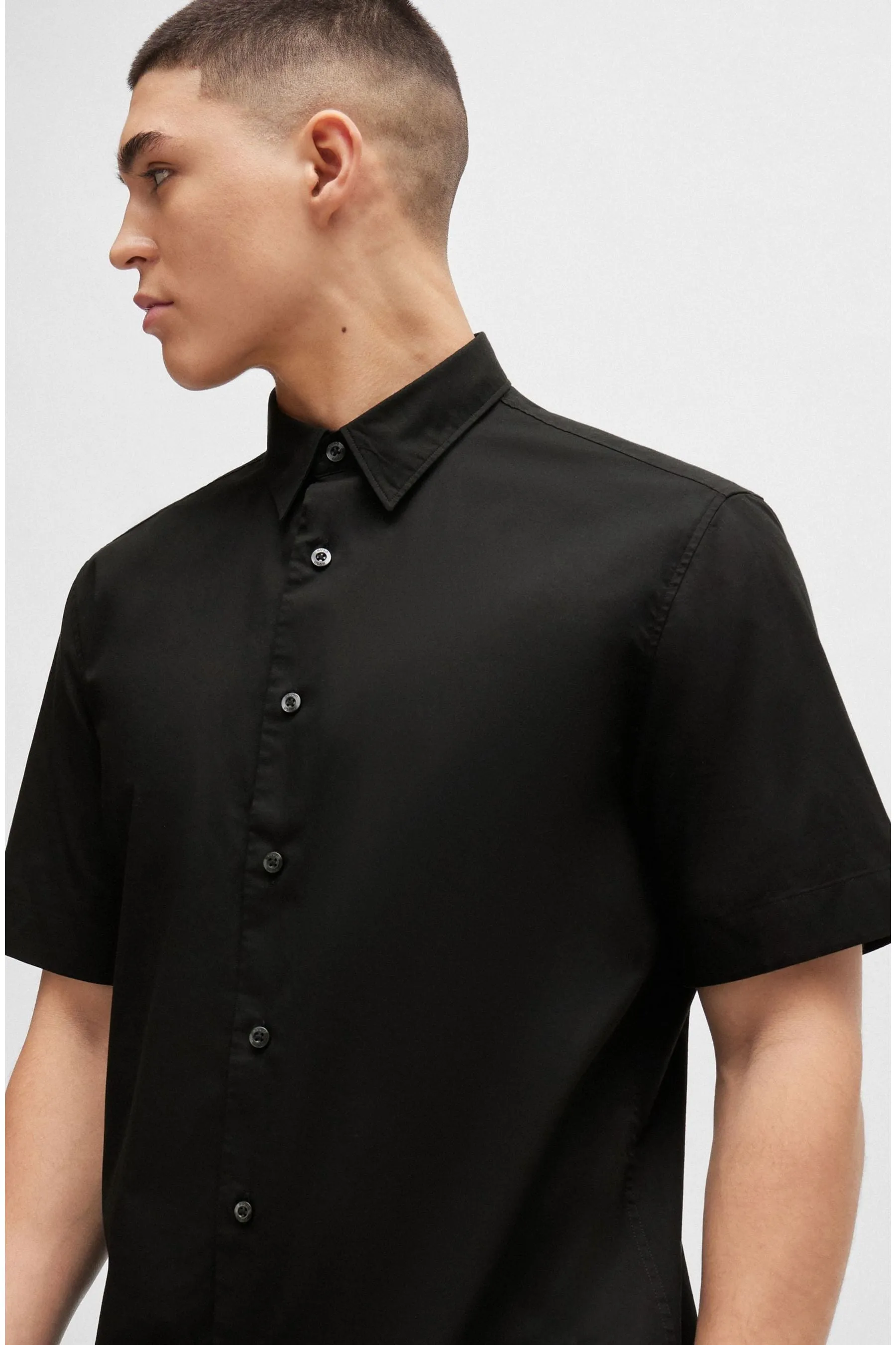 HUGO - Nero vestibilità comoda - Camicia in tela di cotone elasticizzato