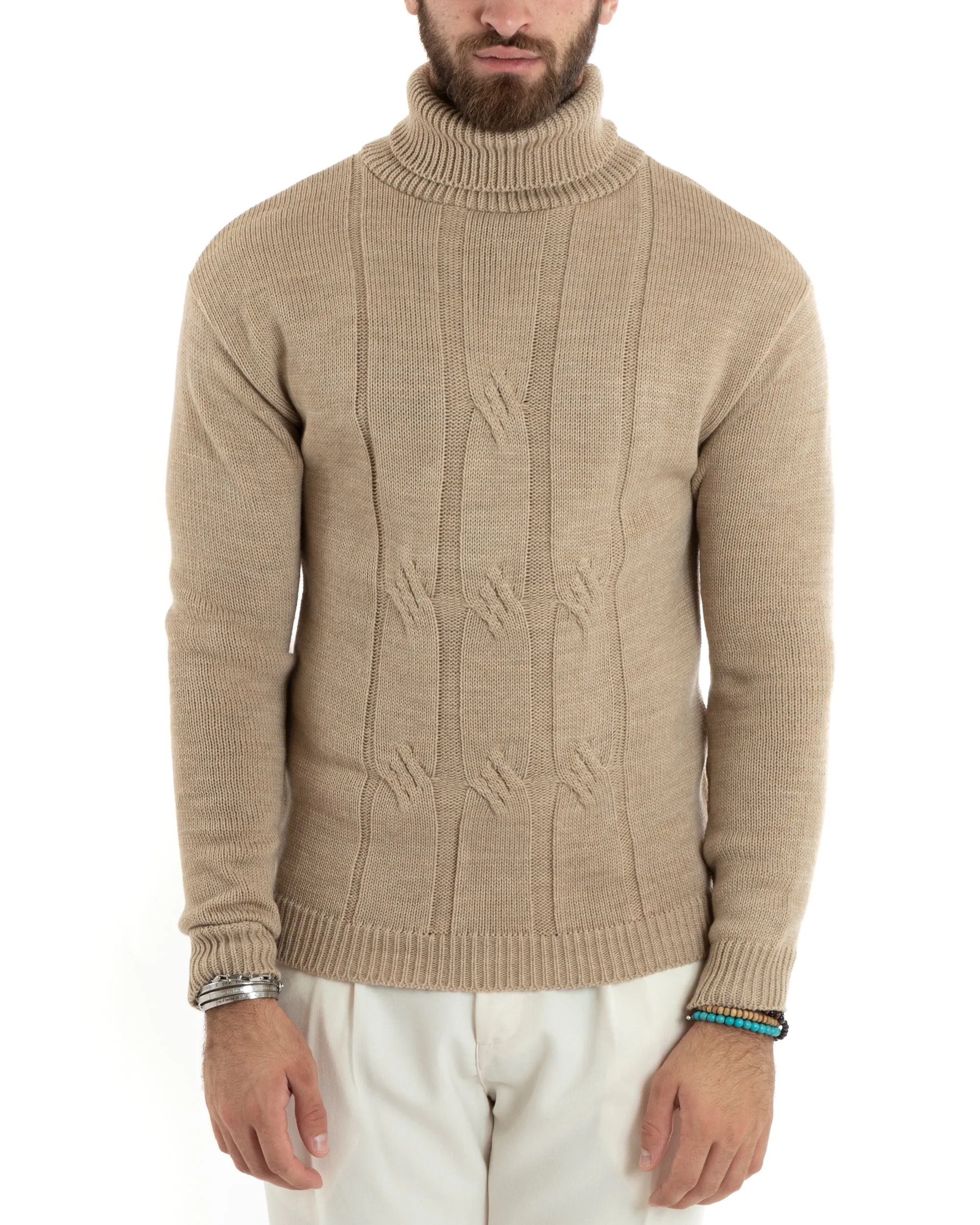Maglioncino Uomo Collo Alto Maglia Inglese Con Trecce Beige Pullover Dolcevita GIOSAL-M2724A
