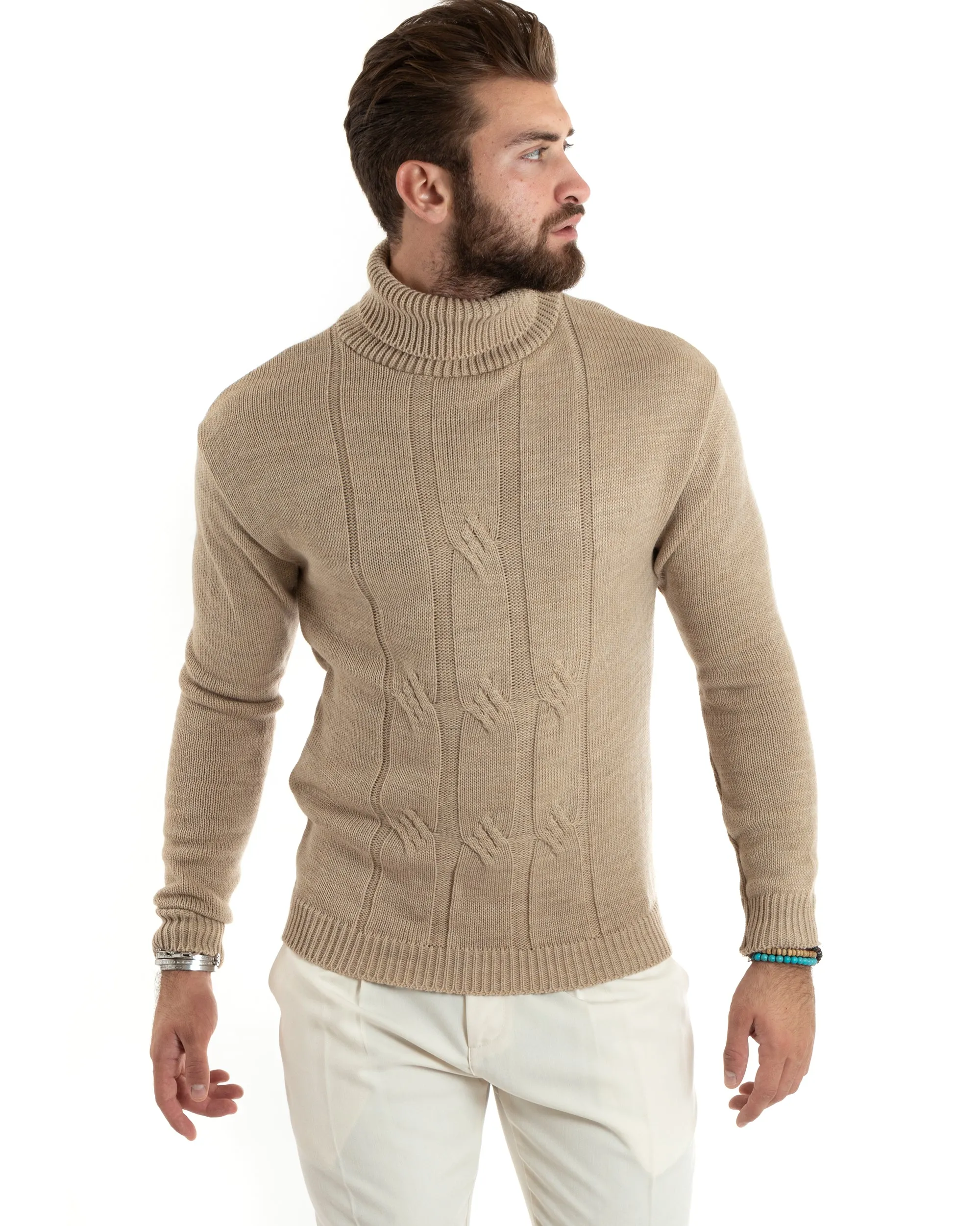 Maglioncino Uomo Collo Alto Maglia Inglese Con Trecce Beige Pullover Dolcevita GIOSAL-M2724A