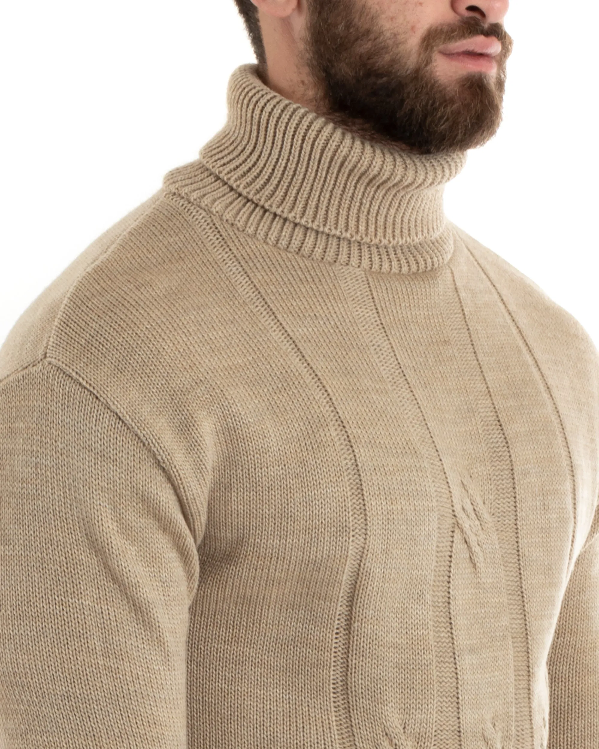 Maglioncino Uomo Collo Alto Maglia Inglese Con Trecce Beige Pullover Dolcevita GIOSAL-M2724A