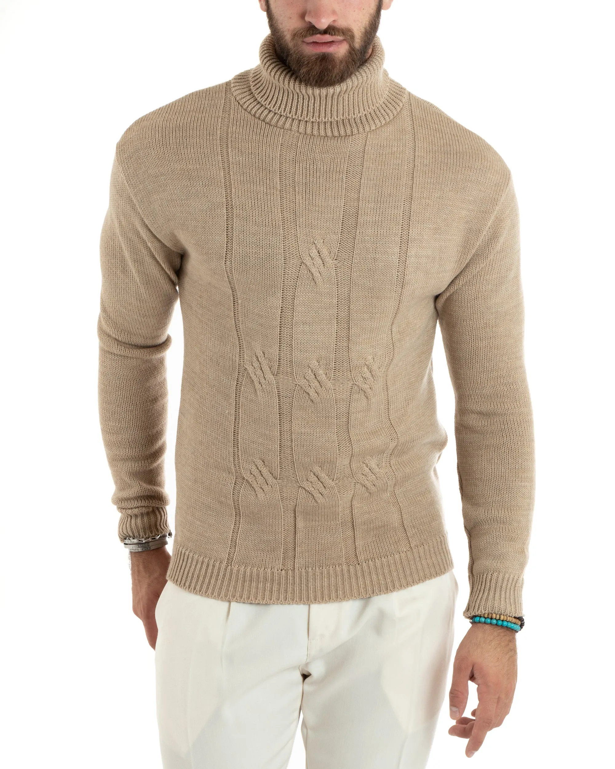 Maglioncino Uomo Collo Alto Maglia Inglese Con Trecce Beige Pullover Dolcevita GIOSAL-M2724A