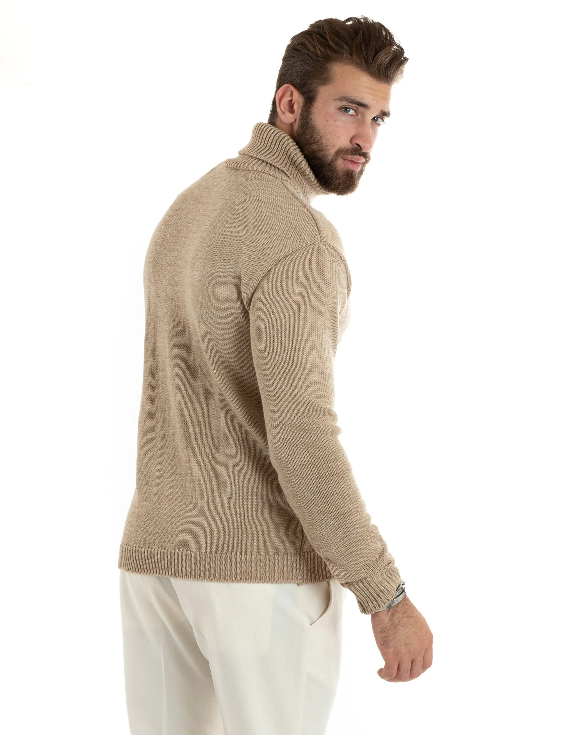 Maglioncino Uomo Collo Alto Maglia Inglese Con Trecce Beige Pullover Dolcevita GIOSAL-M2724A