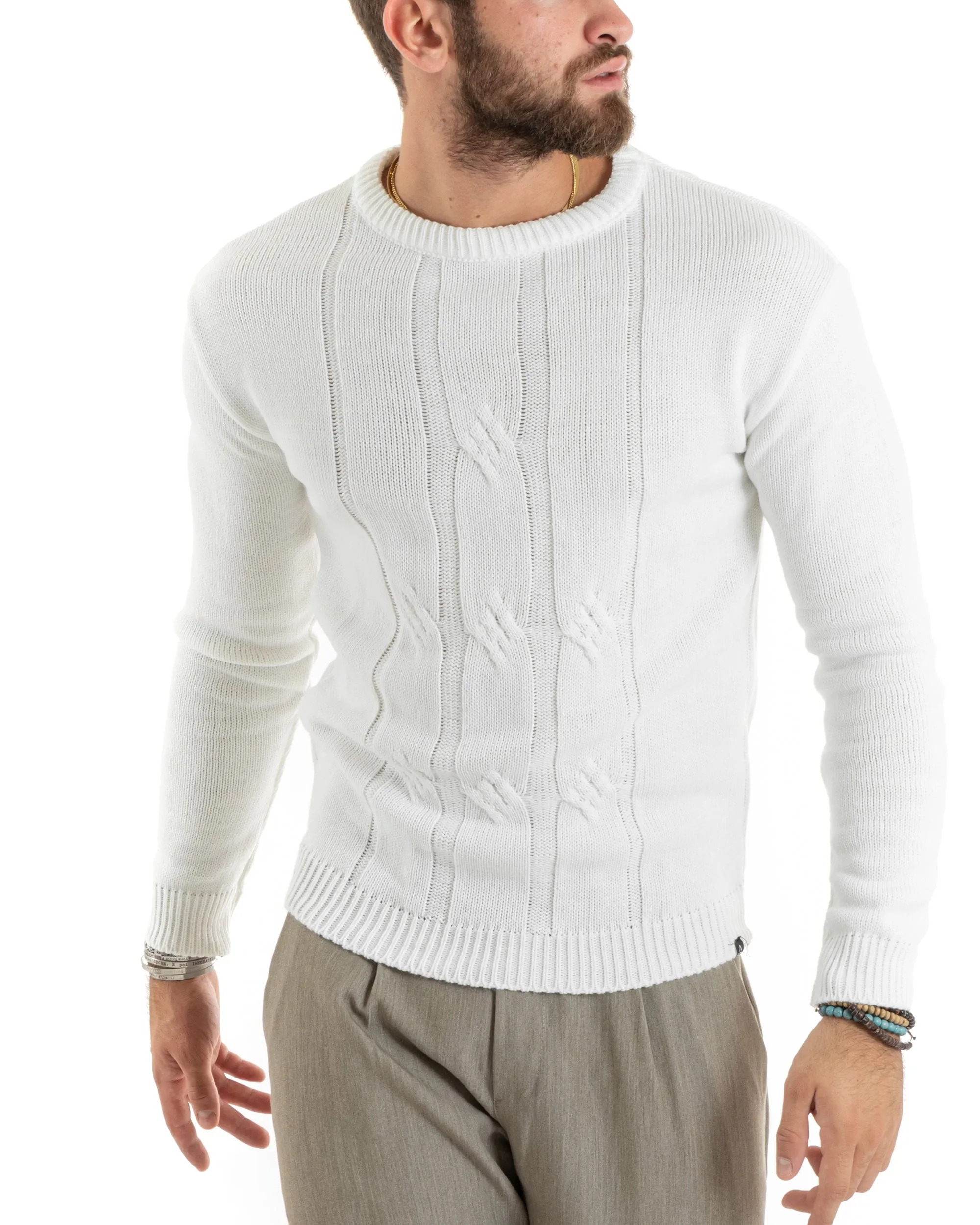 Maglioncino Uomo Girocollo Maglia Inglese Basic Trecce Panna GIOSAL-M2716A