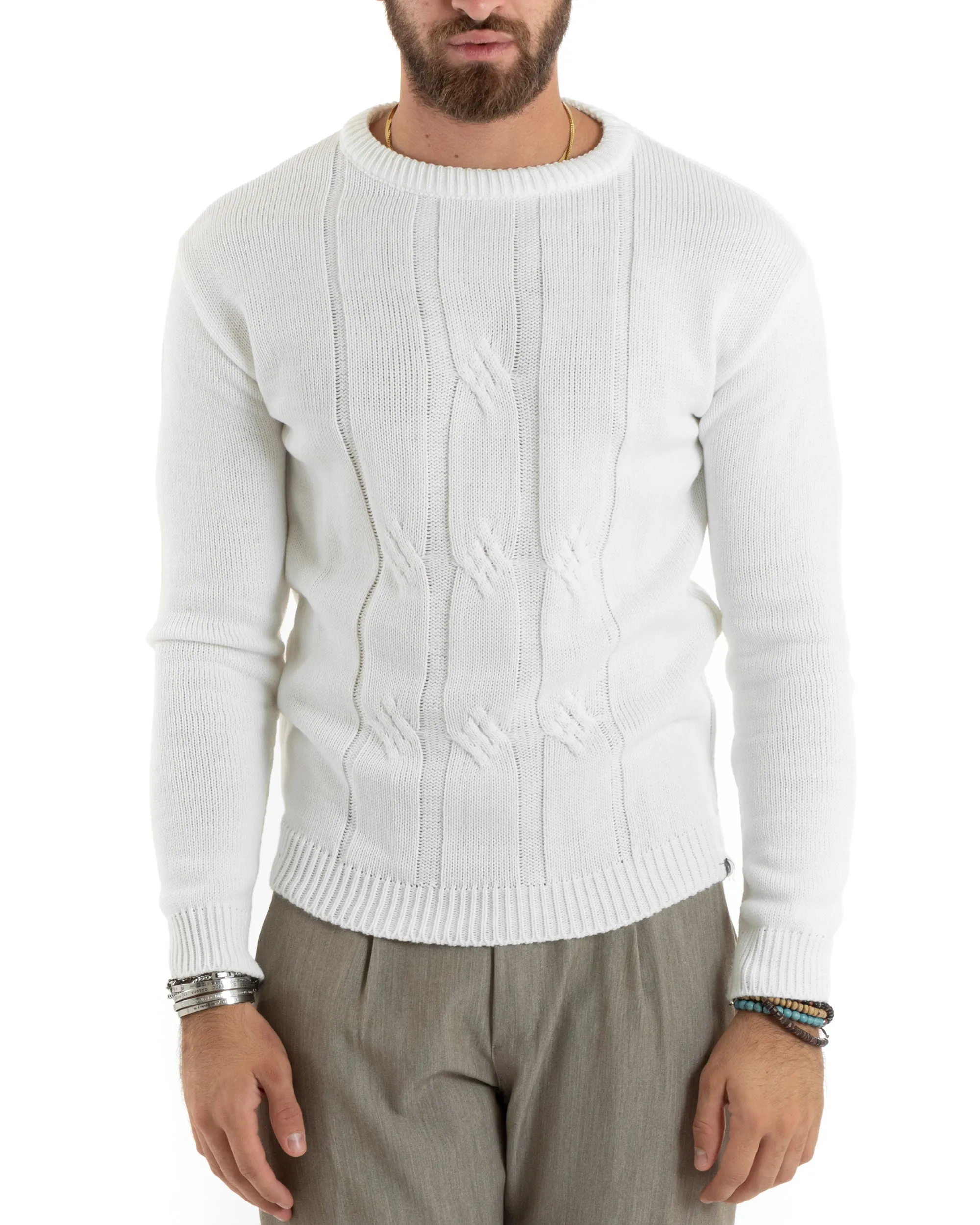 Maglioncino Uomo Girocollo Maglia Inglese Basic Trecce Panna GIOSAL-M2716A