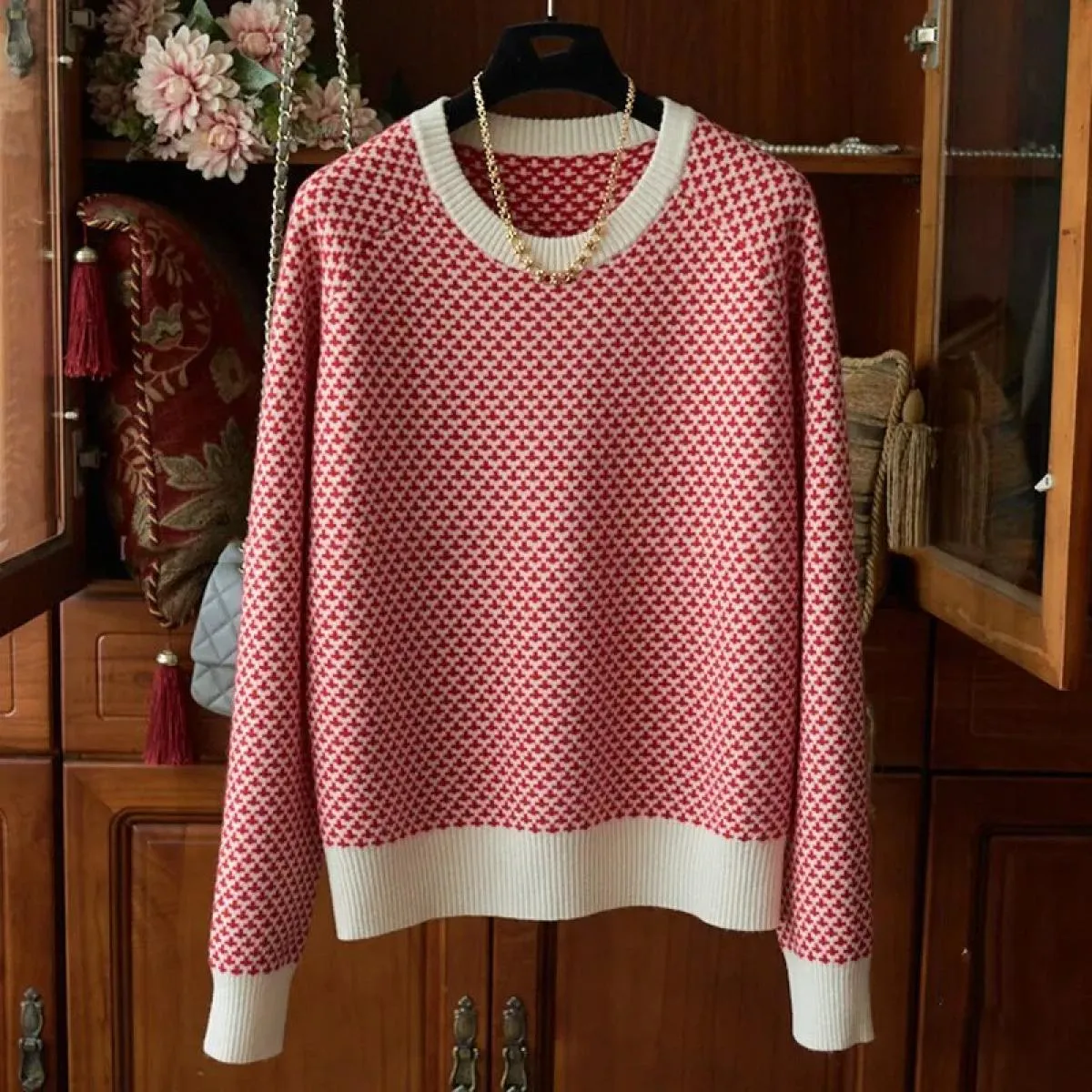 Maglione a bastoncini grossi lavorato a maglia scozzese intrecciato Maglione gotico con collo rotondo spesso da donna