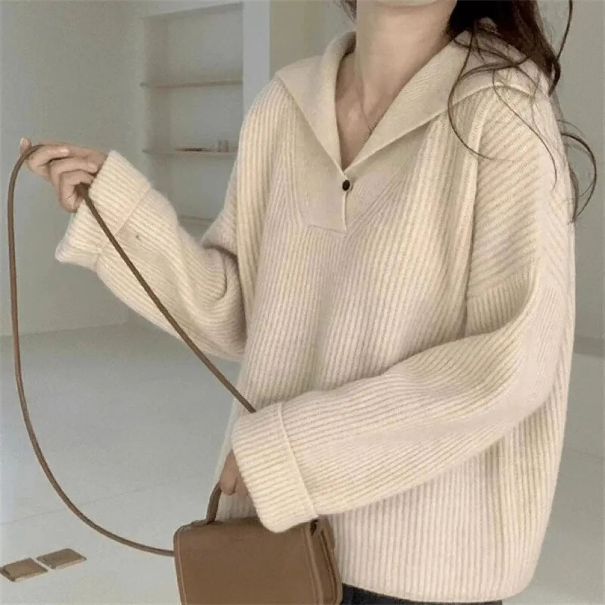 Maglione Allentato Casual Cerniere Maglione lavorato a maglia Solido Oversize Donna Autunno Inverno Colletto rovesciato Top alla